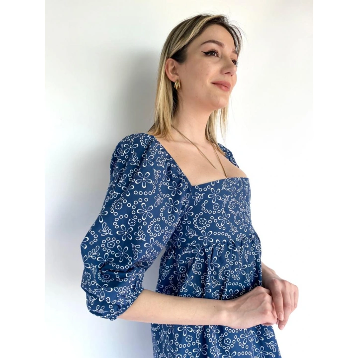 Kadın Çiçek Desenli Kare Yaka Elbise Lacivert