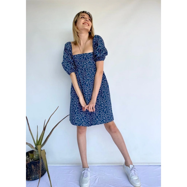 Kadın Çiçek Desenli Kare Yaka Elbise Lacivert