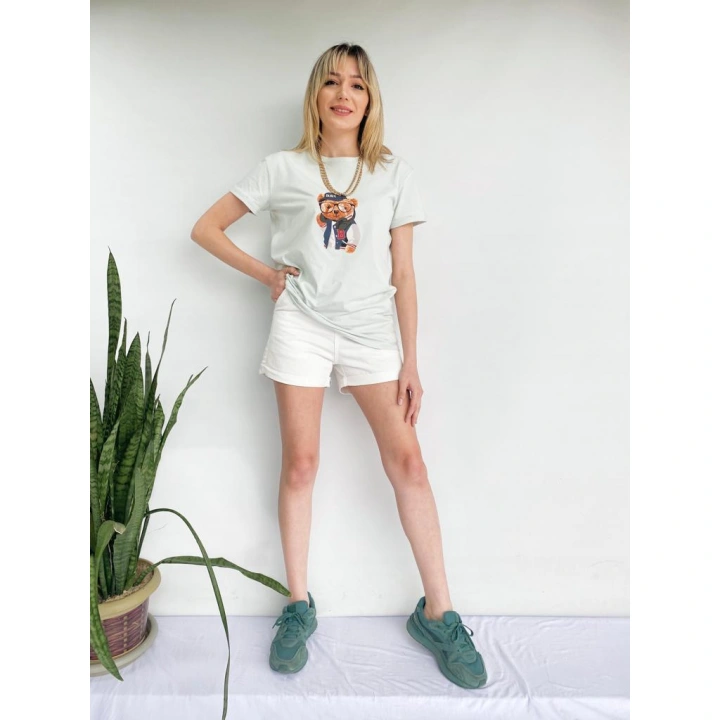 Kadın Ayıcık Baskılı Tshirt Mint