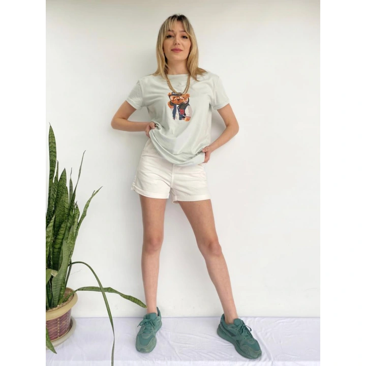 Kadın Ayıcık Baskılı Tshirt Mint