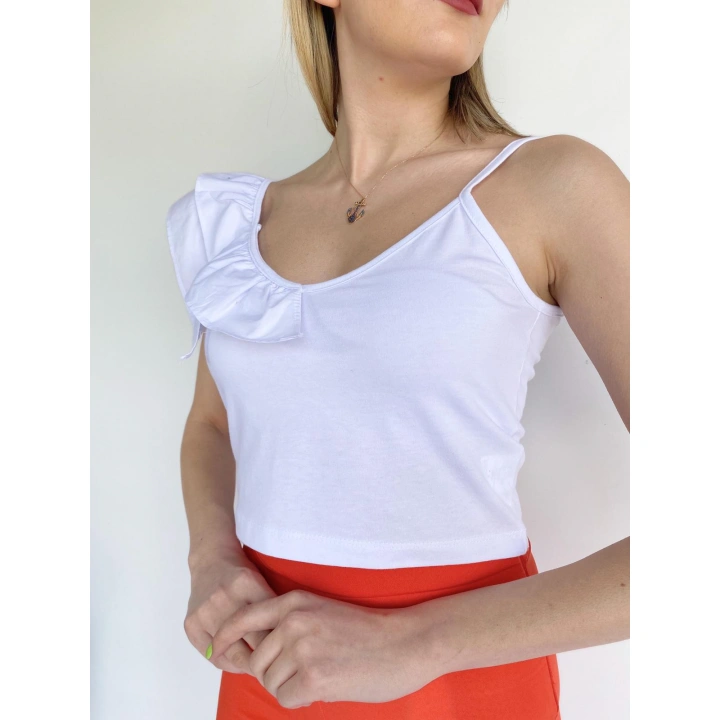 Kadın Omuz Detaylı Crop Beyaz
