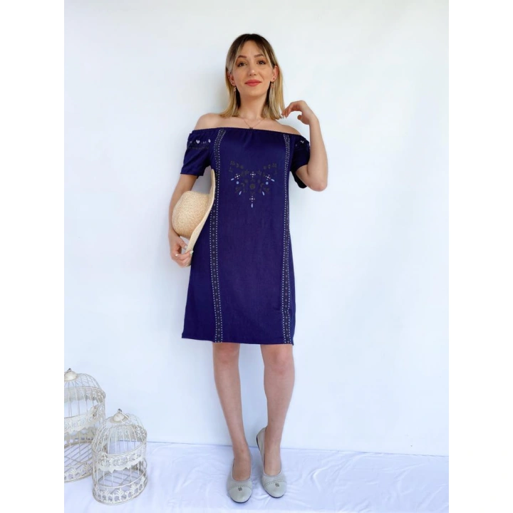 Kadın Bürümcük Desen Lacivert Elbise