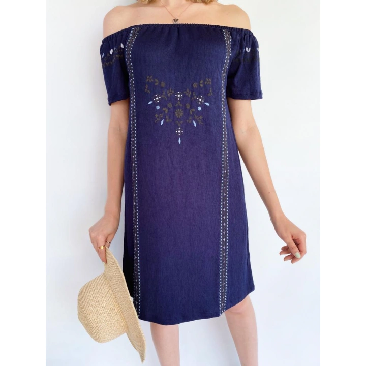 Kadın Bürümcük Desen Lacivert Elbise