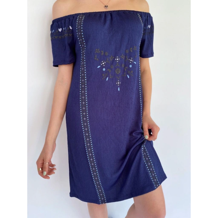 Kadın Bürümcük Desen Lacivert Elbise