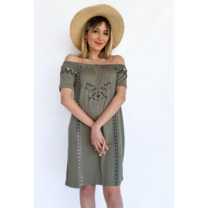 Kadın Bürümcük Desen Haki Elbise