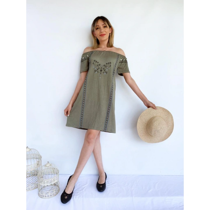 Kadın Bürümcük Desen Haki Elbise