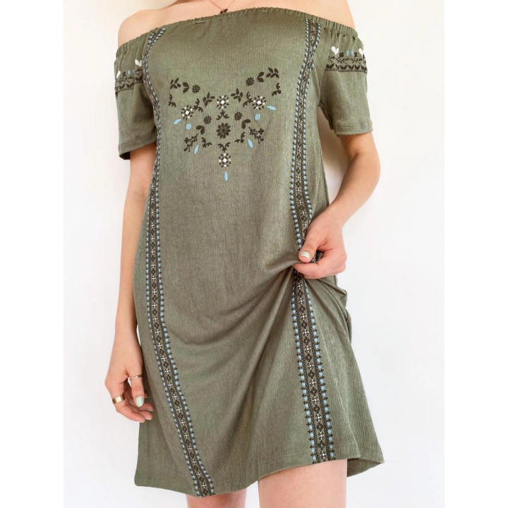 Kadın Bürümcük Desen Haki Elbise