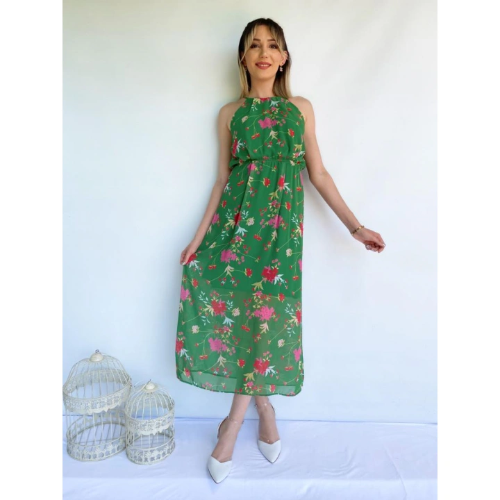 Kadın Halter Yaka Sırt Dekolteli Çiçekli Yeşil Elbise