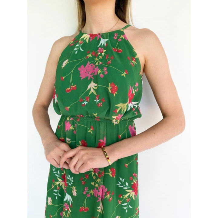 Kadın Halter Yaka Sırt Dekolteli Çiçekli Yeşil Elbise