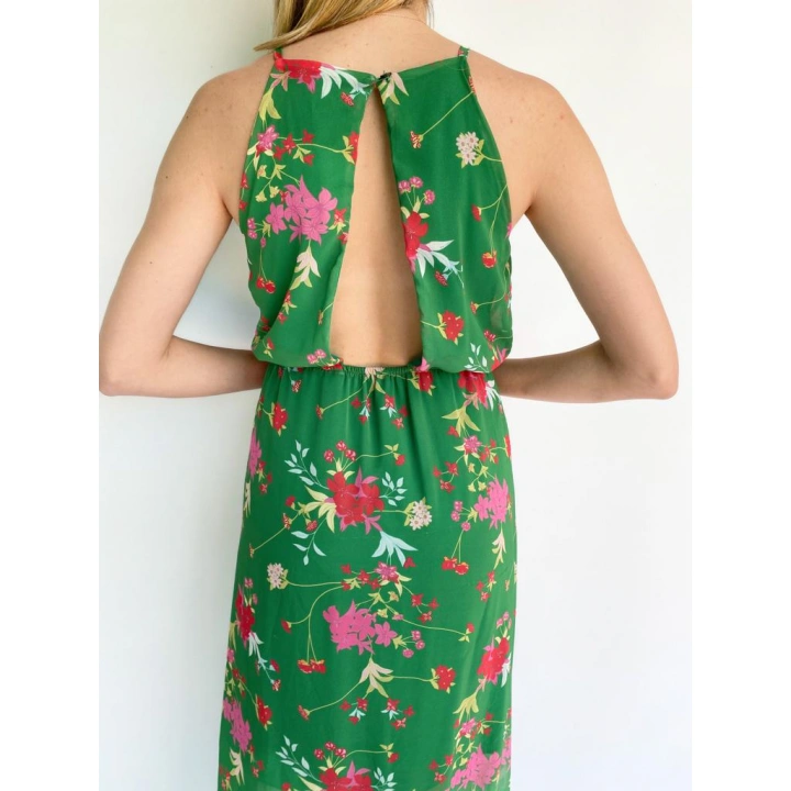 Kadın Halter Yaka Sırt Dekolteli Çiçekli Yeşil Elbise