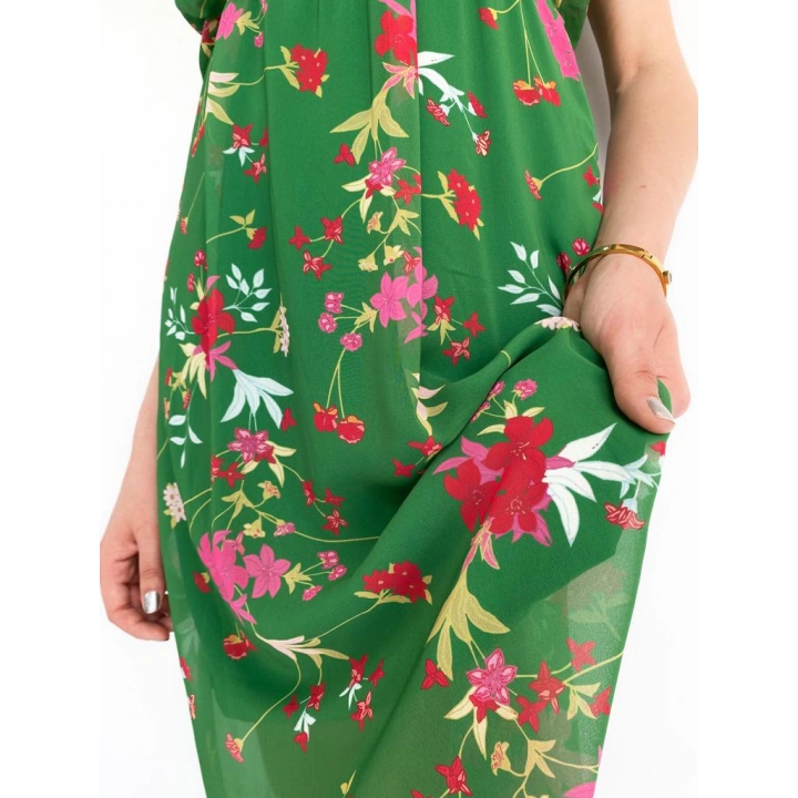 Kadın Halter Yaka Sırt Dekolteli Çiçekli Yeşil Elbise