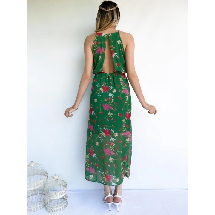 Kadın Halter Yaka Sırt Dekolteli Çiçekli Yeşil Elbise