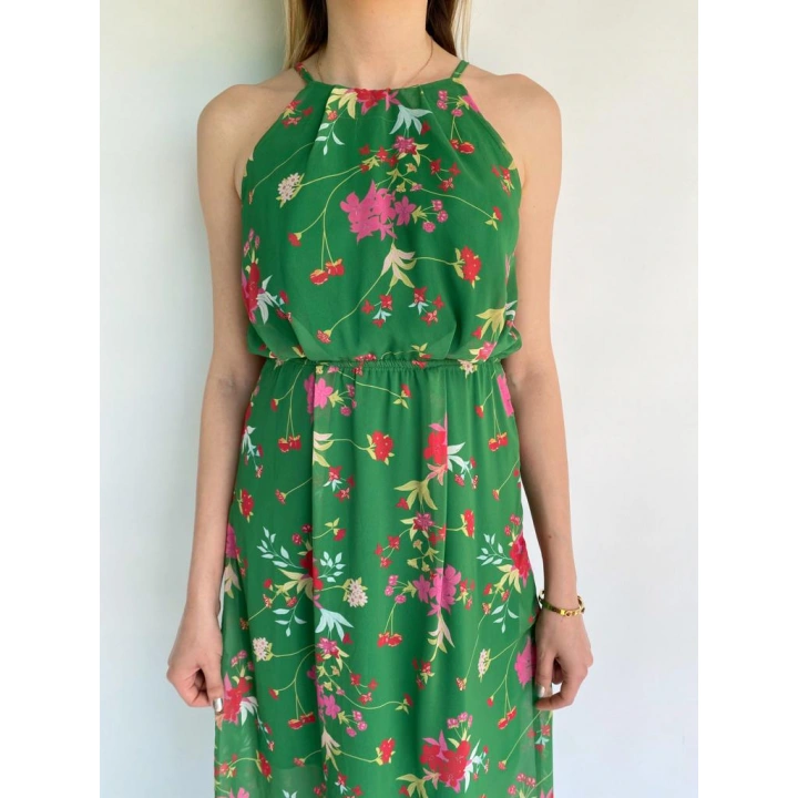 Kadın Halter Yaka Sırt Dekolteli Çiçekli Yeşil Elbise