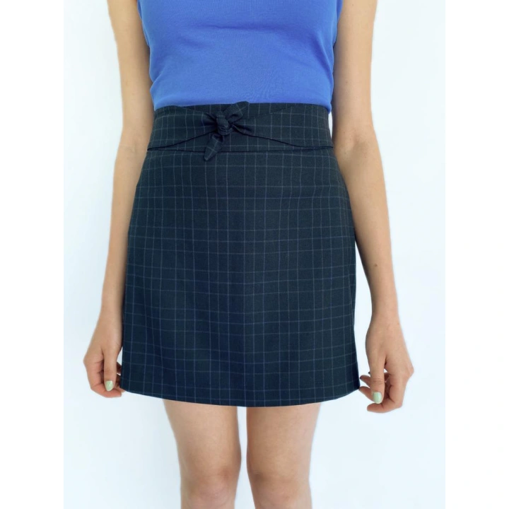 Kadın Bağlama Detay Ekoseli Lacivert Etek