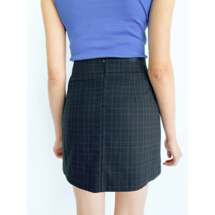 Kadın Bağlama Detay Ekoseli Lacivert Etek