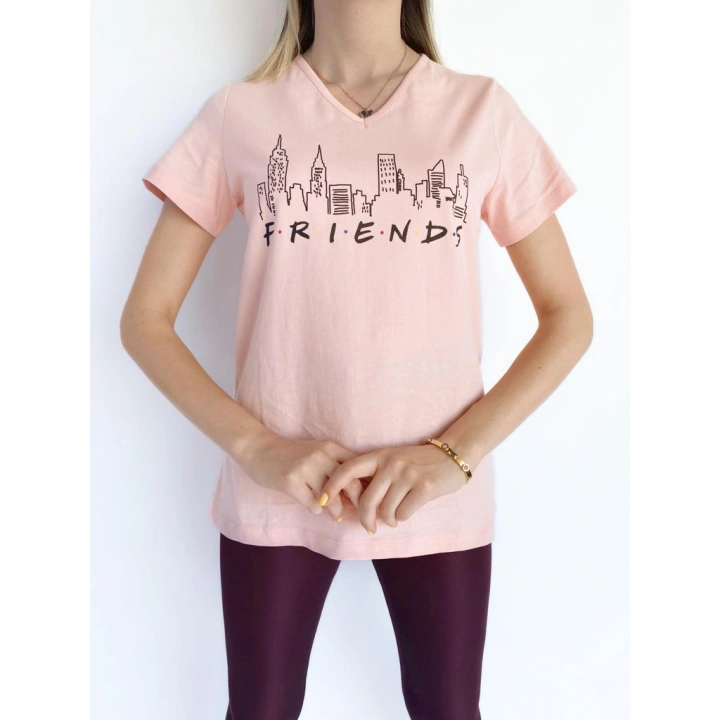 Kadın V Yaka Friends Baskılı Pembe Tshirt