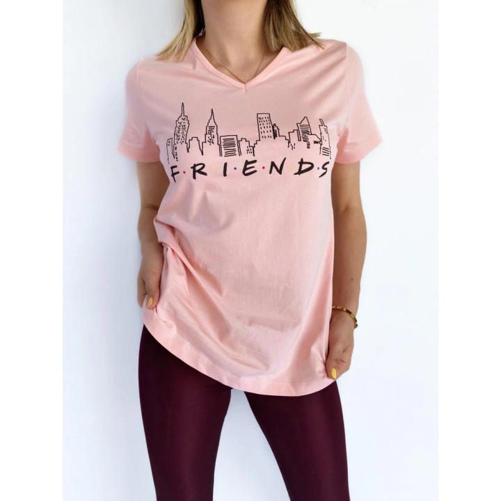 Kadın V Yaka Friends Baskılı Pembe Tshirt