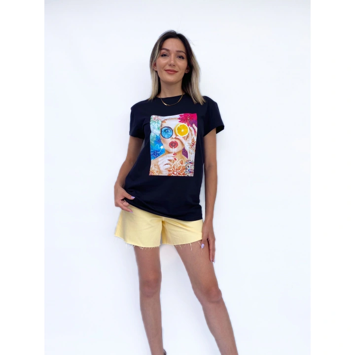 Kadın Baskılı Basic Siyah Tshirt