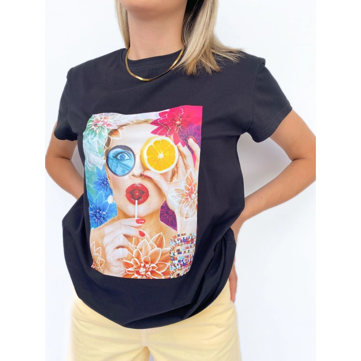 Kadın Baskılı Basic Siyah Tshirt