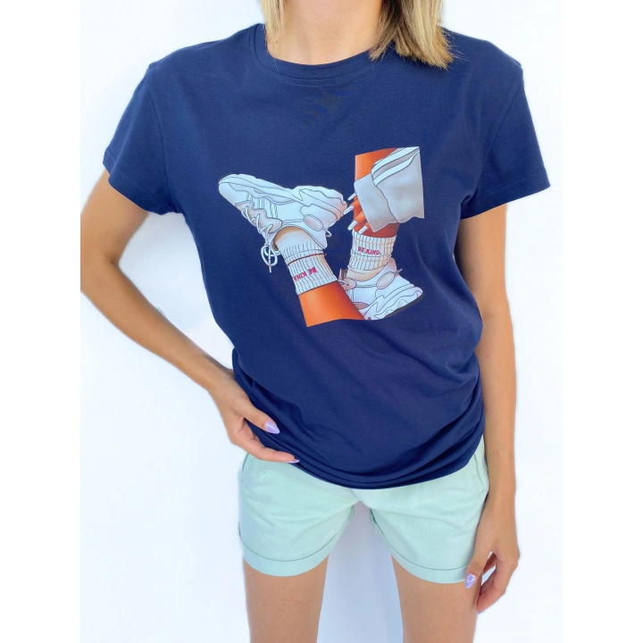 Kadın Baskılı Basic Lacivert Tshirt