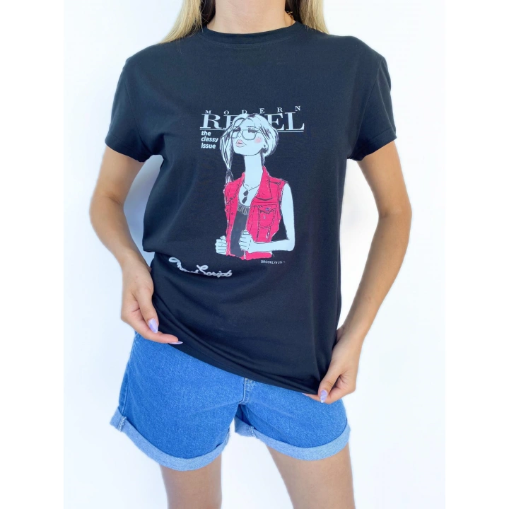 Kadın Women Baskılı Basic Siyah Tshirt