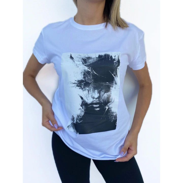 Kadın Women Face Baskılı Basic Beyaz Tshirt
