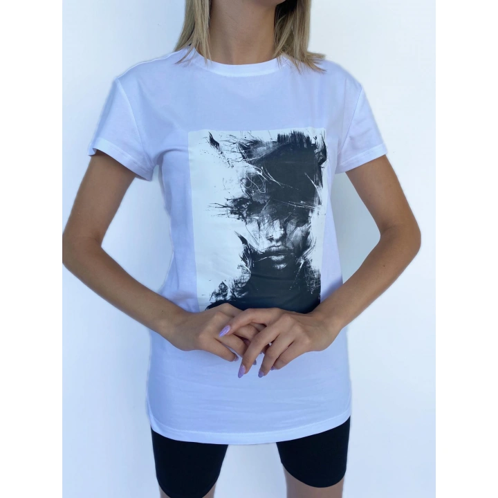 Kadın Women Face Baskılı Basic Beyaz Tshirt