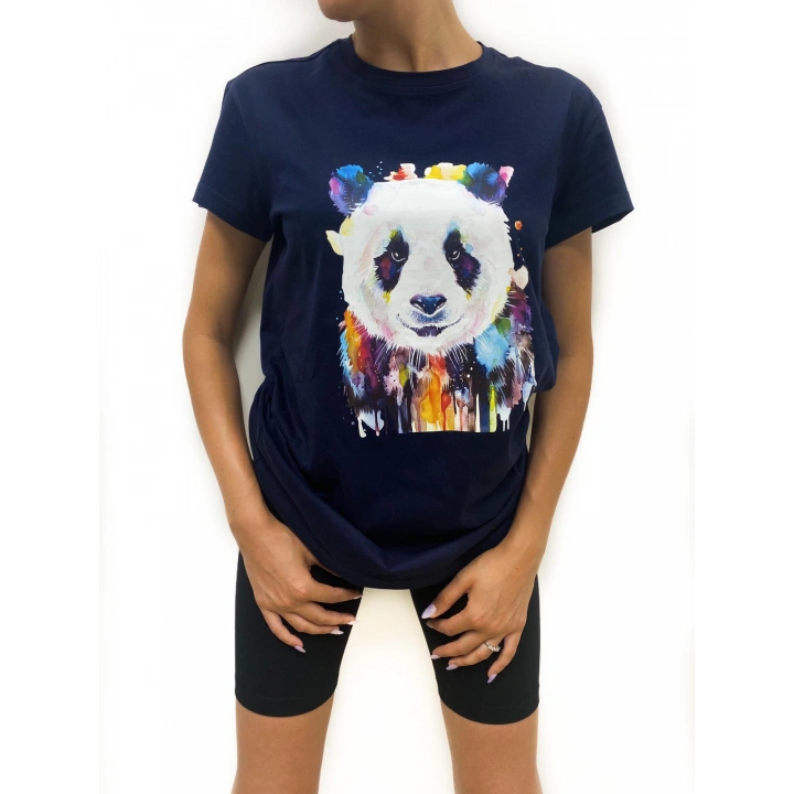 Kadın Panda Baskılı Basic Lacivert Tshirt