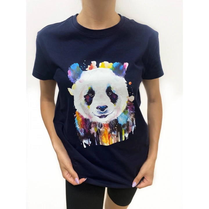 Kadın Panda Baskılı Basic Lacivert Tshirt