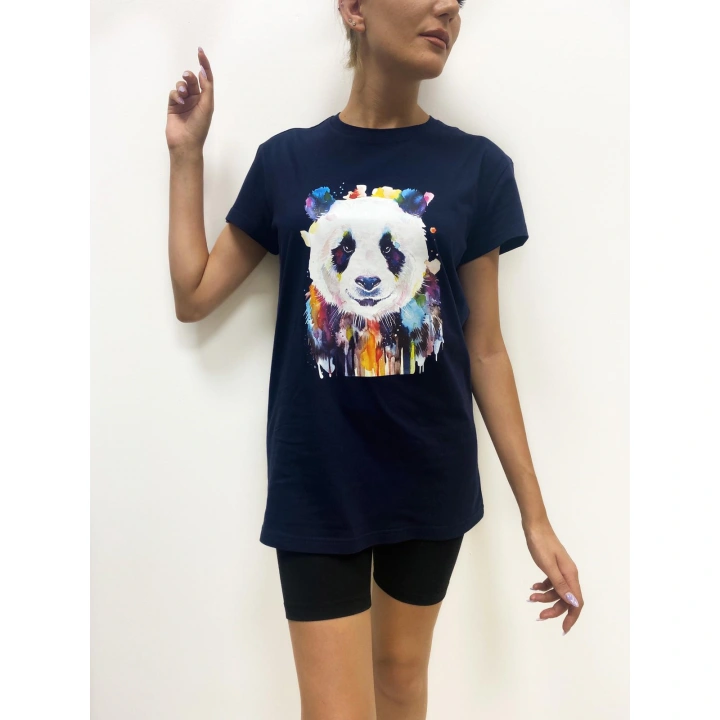 Kadın Panda Baskılı Basic Lacivert Tshirt