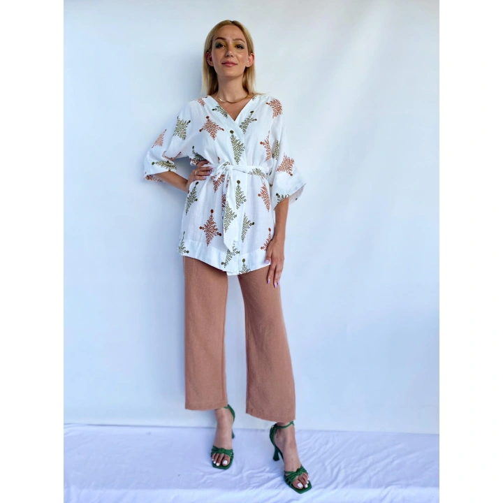 Kadın Tarçın Rengi Keten Kimono Pantolon Takım
