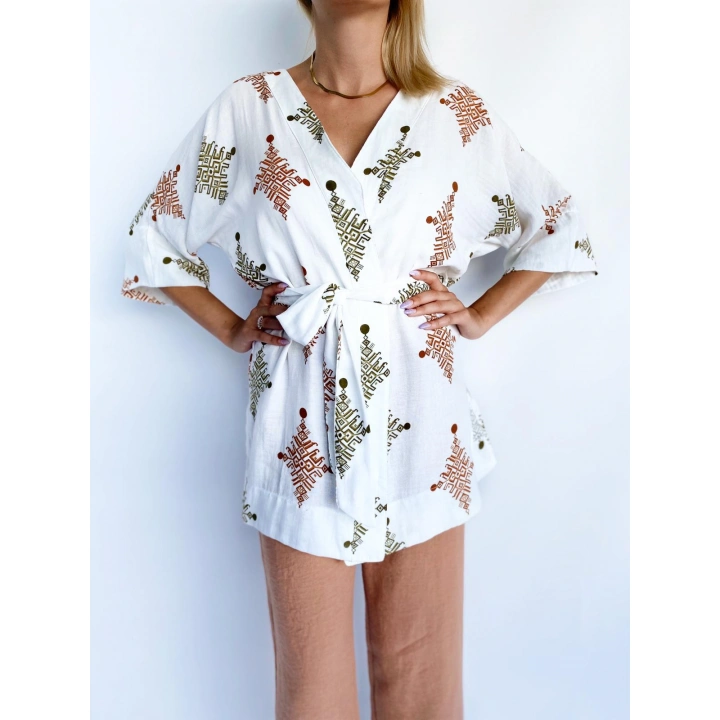 Kadın Tarçın Rengi Keten Kimono Pantolon Takım