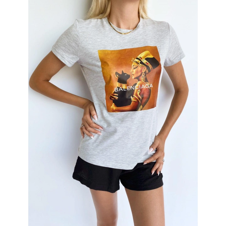 Kadın Baskılı Basic Tişört Gri