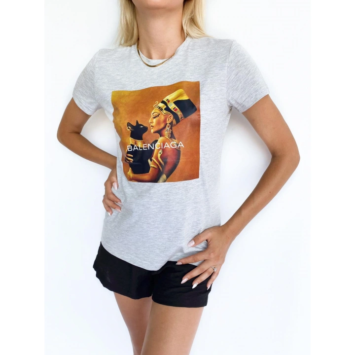 Kadın Baskılı Basic Tişört Gri