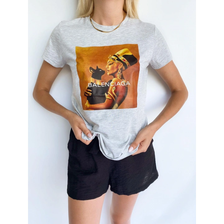 Kadın Baskılı Basic Tişört Gri