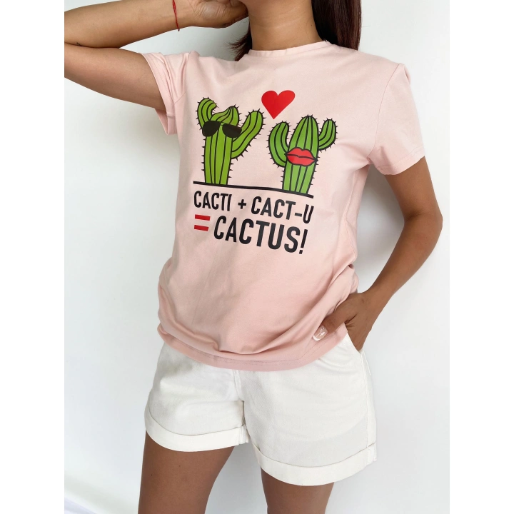 Kadın Baskılı Basic Tişört Toz Pembe