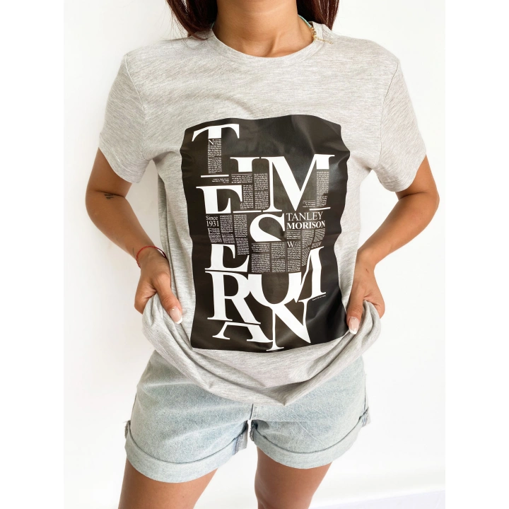 Kadın Baskılı Basic Tişört Gri