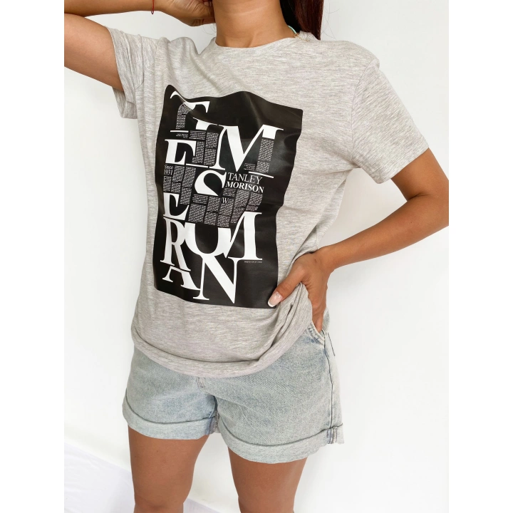Kadın Baskılı Basic Tişört Gri