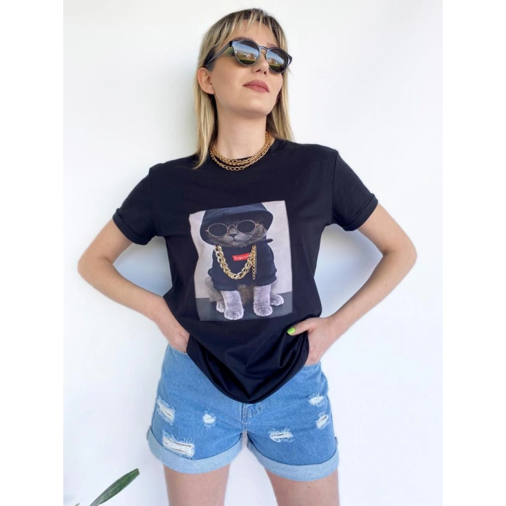 Kadın Ayıcık Baskılı Tshirt Siyah