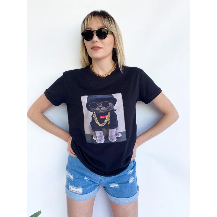 Kadın Ayıcık Baskılı Tshirt Siyah