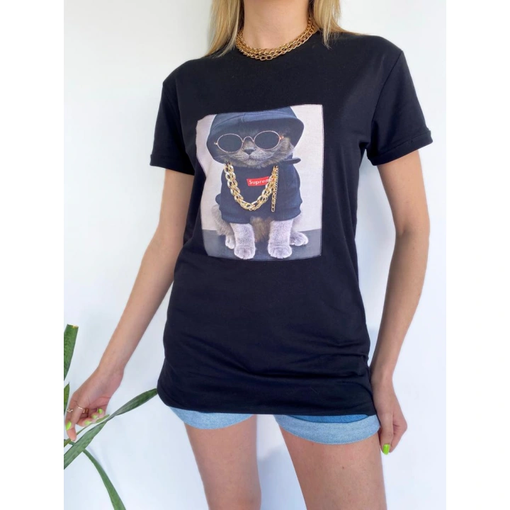 Kadın Ayıcık Baskılı Tshirt Siyah