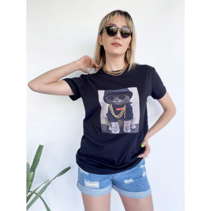 Kadın Ayıcık Baskılı Tshirt Siyah