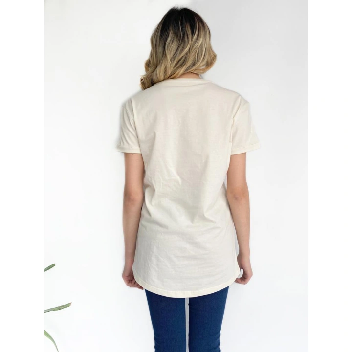 Kadın Ayıcık Baskılı Basic Tshirt Ekru