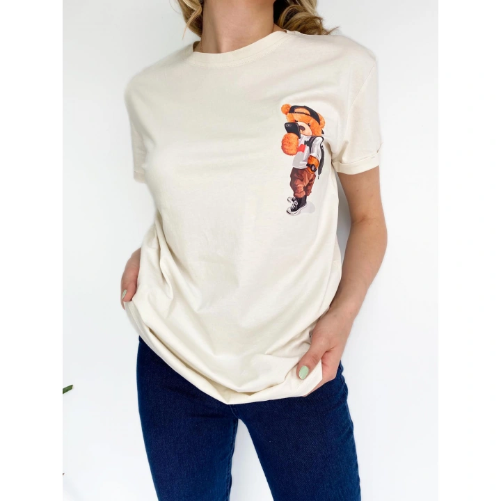 Kadın Ayıcık Baskılı Basic Tshirt Ekru