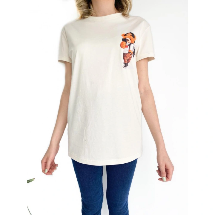 Kadın Ayıcık Baskılı Basic Tshirt Ekru