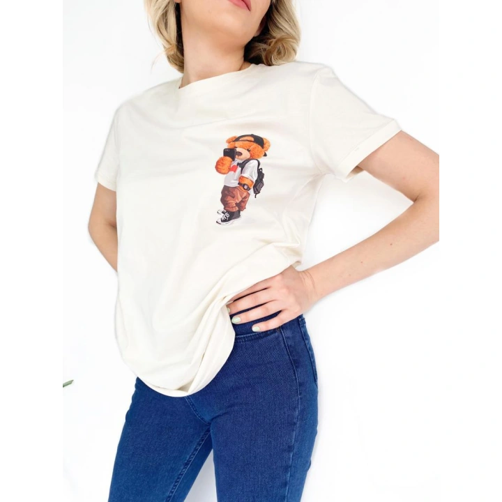 Kadın Ayıcık Baskılı Basic Tshirt Ekru