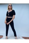 Siyah Kalem Pantolon Toka Detaylı Crop ikili Takım