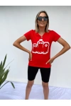 Kadın V Yaka Minyon Karakter Baskılı Kırmızı Tshirt