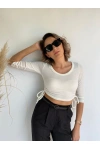 Kadın Beyaz Crop Bluz Yandan Büzgülü