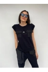 Kadın Bisiklet Yaka Apoletli Siyah Tshirt